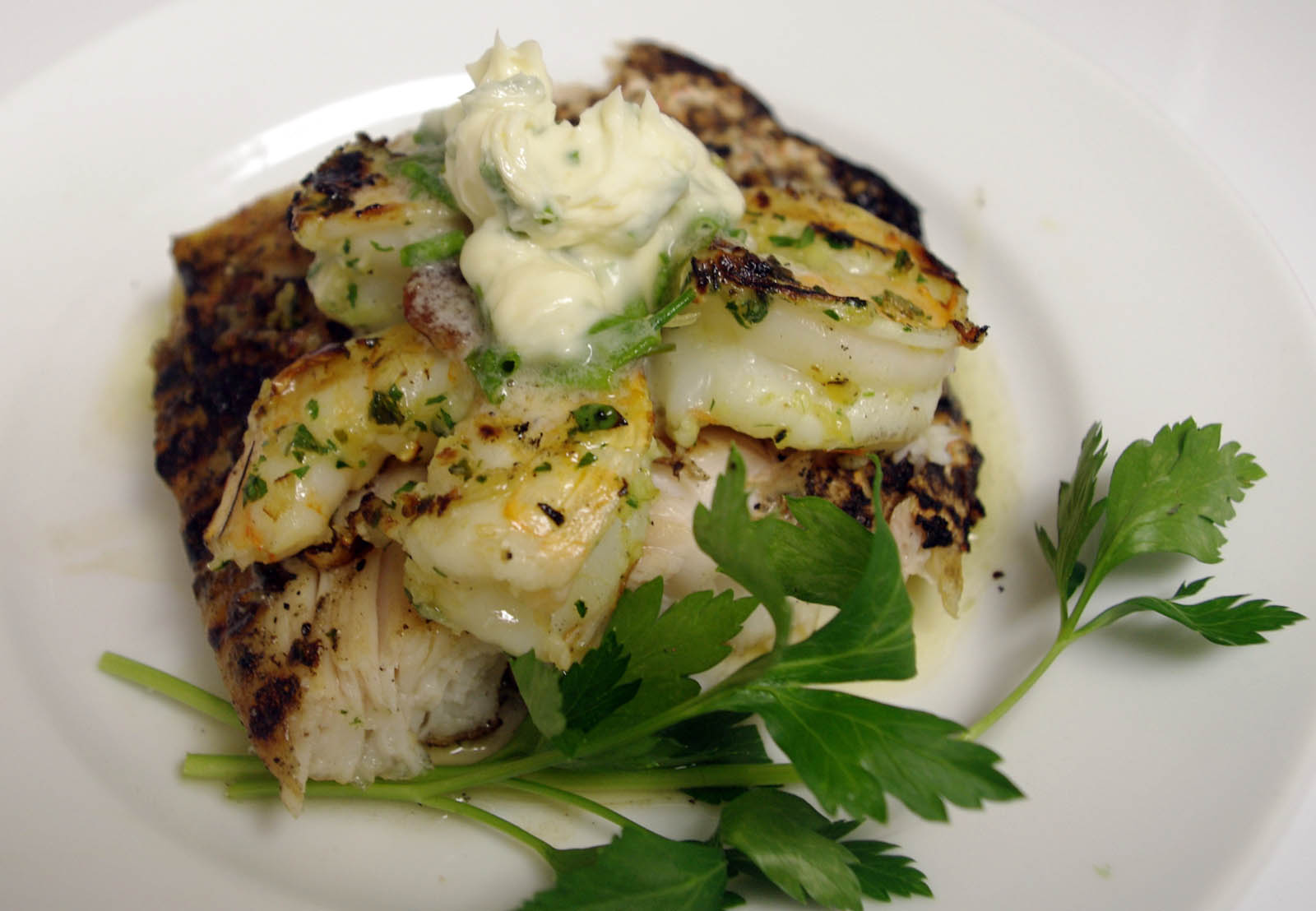 plated snapper and shrimp