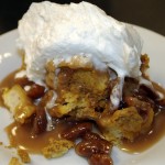 Pumpkin Pecan Bread Pudding with Maple Pecan Caramel Sauce and Bourbon Cream