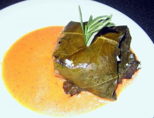 Grape Leaf Wrapped Goat Cheese With Roasted Tomato Vinaigrette